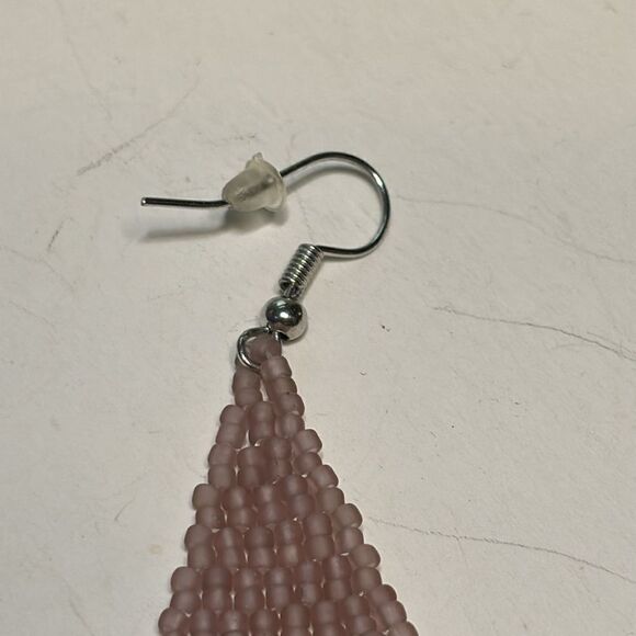 Triangular shaped dusty rose and teal beaded fringe drop statement earrings - Picture 3 of 6